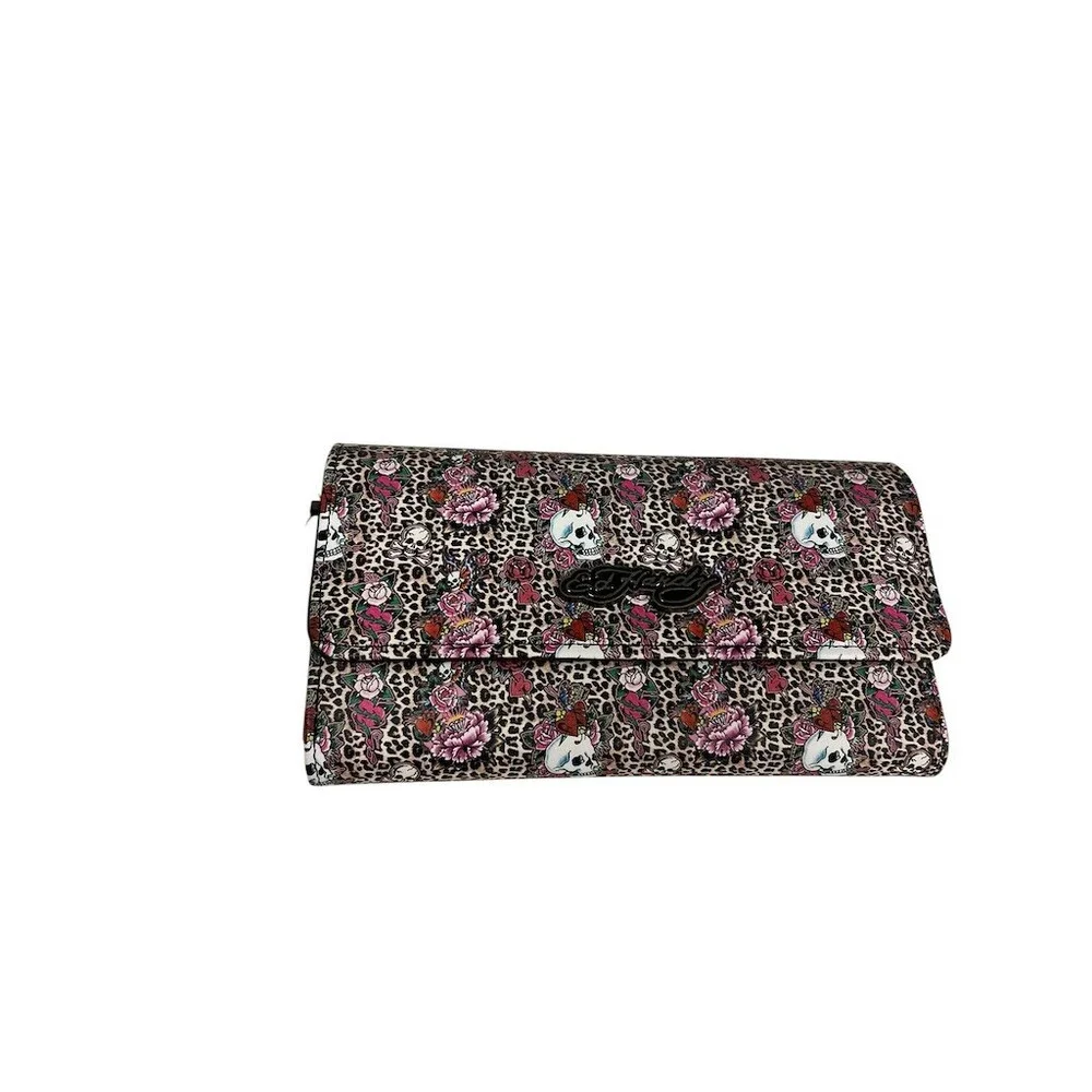 Ed Hardy Wallet Womens Multicolor Cheetah Print Skull Roses Flap Snap